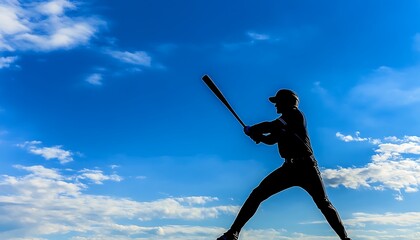 Silhouette of a batter swinging a baseball bat against a blue sky.