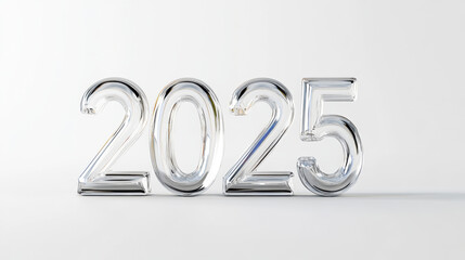 Happy new year 2025 number silver shiny brushed metal reliefs glass wallpaper, 3D modern fashion shimmering glossy fashion white background banner template