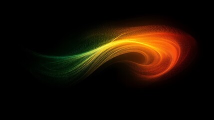 A vibrant abstract design featuring a swirling wave of green and orange light on a black background.