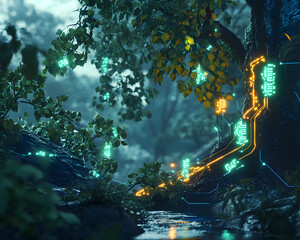Naklejka premium Fusion of Technology and Nature in Glowing Forest
