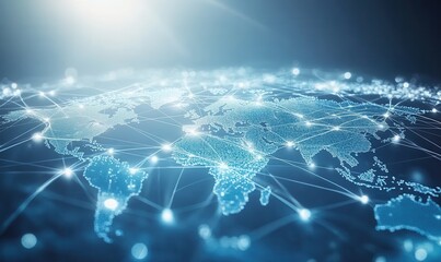 The light blue background shows a vision of global connectivity, with digital connections encircling the globe, symbolising the global convergence of technology and information flows.