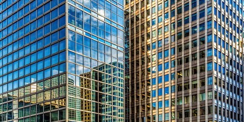 Tall building with many windows next to another building reflected