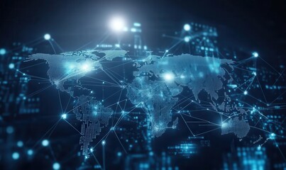 The light blue background shows a vision of global connectivity, with digital connections encircling the globe, symbolising the global convergence of technology and information flows.