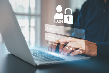 Businessman and screen login username and password identity or sign up register of cyber security internet access join social or personal data protection or forget pass key unlock.