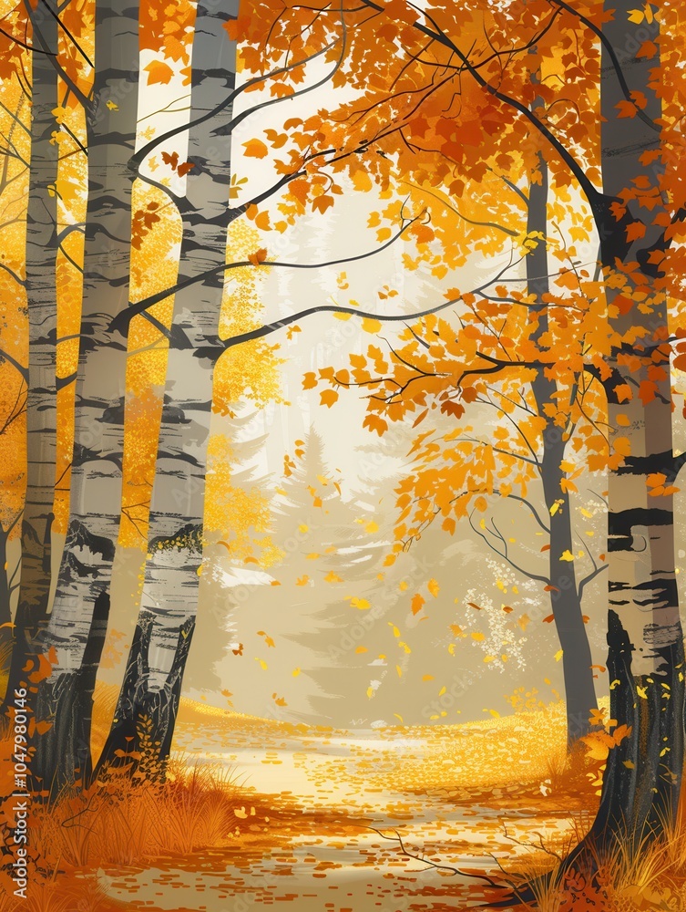 Poster a serene forest filled with golden autumn trees adorned with bright leaves creates a peaceful atmosp