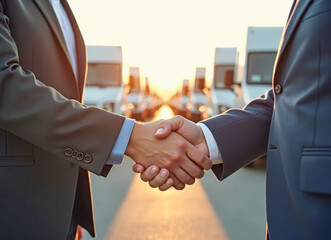 businessmen shaking hands in the truck parking lot