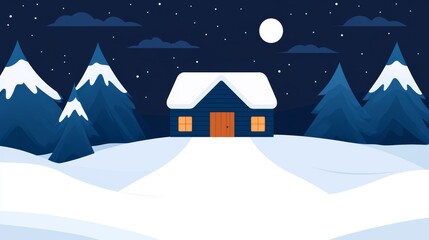 Naklejka premium Cozy Cabin in Snowy Mountains at Night