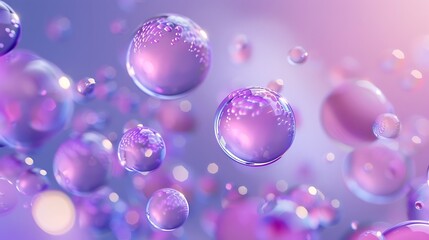 Various sized lavender pink sphere drops floating against a purple backdrop