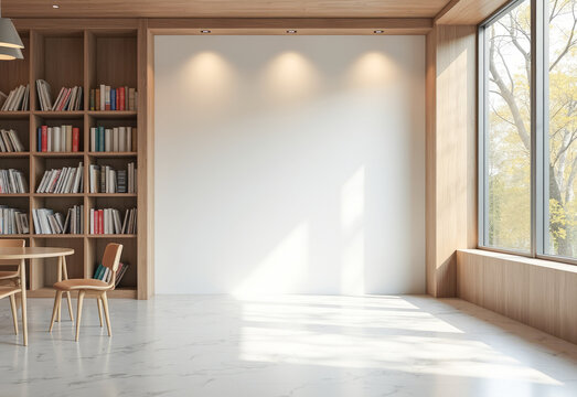 a bright library with an empty white wall , mockup