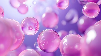 Various sized lavender pink sphere drops floating against a purple backdrop