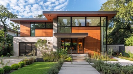 Fototapeta premium Modern House with Wooden Siding and Expansive Windows