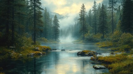 Obraz premium Serene forest landscape with mist over a tranquil river.