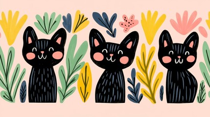 Fototapeta premium Cute Black Cats with Floral Pattern Seamless Border Illustration