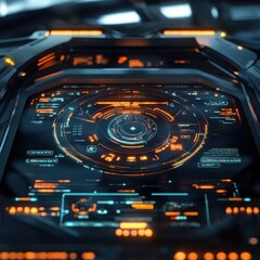 Futuristic Tech Interface: Close-up of a sleek, high-tech control panel with glowing orange and teal holographic displays, perfect for sci-fi, gaming, or technology concepts.  