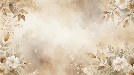 Vintage floral watercolor background with beige leaves