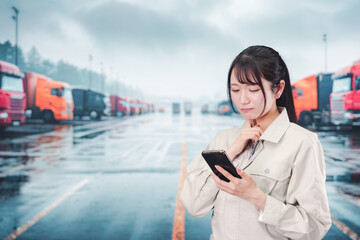 頭を抱えるトラックドライバーの女性