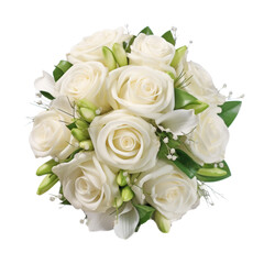 bouquet of white roses top view isolated on transparent background cutout