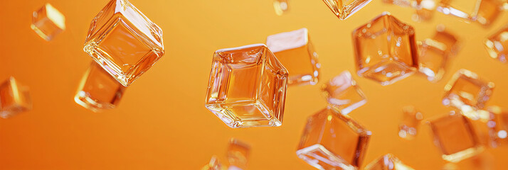 Falling glass cubes on a pastel orange background, generative AI