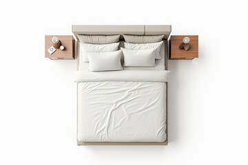 bright double bed with bedside tables on a white background top view