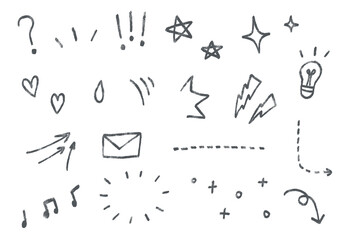 Cute doodle icons, illustration stickers: question marks, arrows, stars, sparkles, light bulb, heart, music notes, surprised, rough pencil crayon style on a transparent background