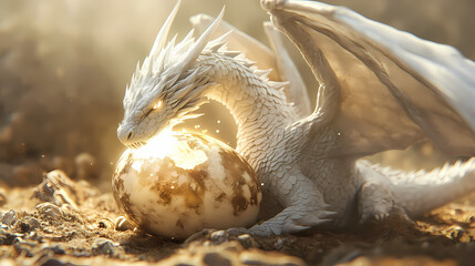 Obraz premium Majestic white dragon emerges from shimmering egg epic fantasy concept art ai generated. Dragon Egg Hatching. Illustration