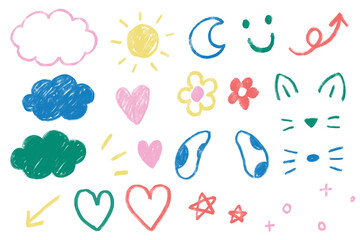 Set of Hand-drawn cute shapes, kid style, colorful icons: doodle, pencil crayon, rough chalk, arrows, stars, cloud, heart, sketching elements on a transparent background