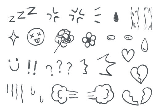 Cute doodle icons of emotion expression, effect symbols rough pencil crayon style, cartoon, angry, tears, broken heart, marks, smile, happy, surprised, sketching illustration elements on a transparent