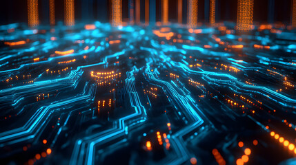 Obraz premium Vibrant Cyber Network with Glowing Blue Elements