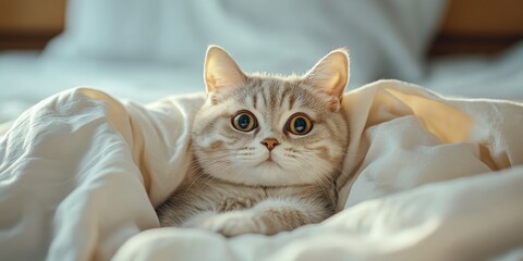 a cat is laying in a bed under a blanket