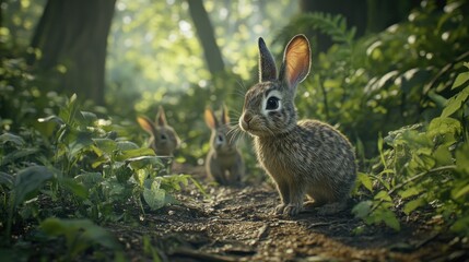 Obraz premium Little Rabbit Looking Back in a Forest Scene