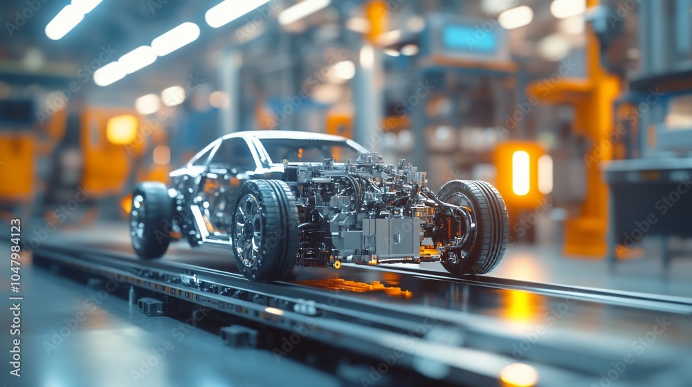 Aufkleber A car chassis on an assembly line in a factory with visible wheels and engine components.