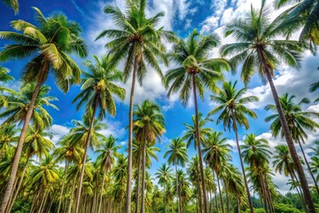 Tall palm trees in the jungle of a tropical island against the blue sky Silhouette