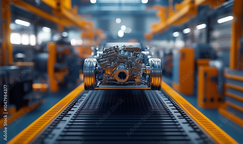 Poster a car chassis with an exposed engine is on a moving assembly line in a modern factory.