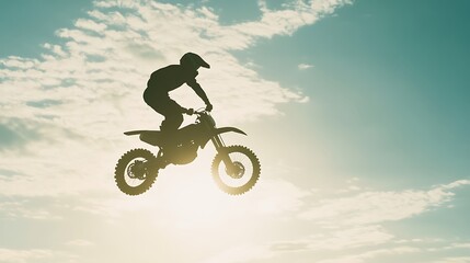 Obraz premium A silhouetted motocross rider jumps against a bright sky, showcasing extreme sports action.
