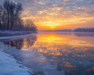 Fototapeta premium Tranquil Winter Lake with Glowing Golden Sky