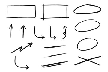 A Set of boxes, circles, arrows and line art: Hand-drawn illustration of pencil crayon, rough chalk underline, marks, sketching elements on a transparent background