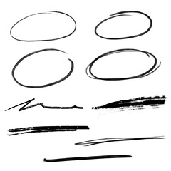 A Set of circles and line art: Hand-drawn illustration of a street graffiti brush stroke paint, rough underline, marks, sketching elements on a transparent background