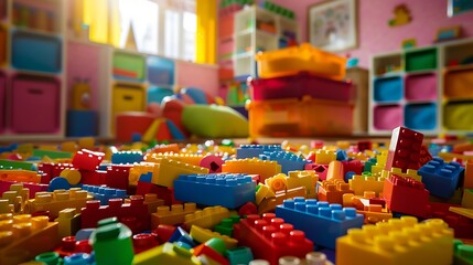 Vibrant building blocks are strewn all over a bright playroom floor