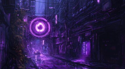 Futuristic cyberpunk alley with neon eye hologram, suitable for sci-fi themes and tech events. Neon City Alley. Illustration