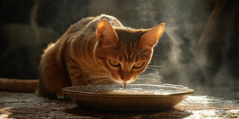 a cat drinking water from a bowl