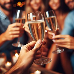 A friends toasting with champagne glasses in a restaurant celebration