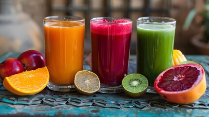 Vibrant juices sitting on an iron table with some nearby fruits