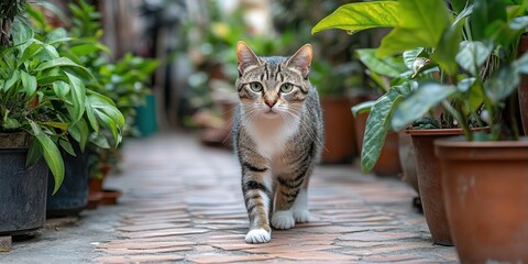 a cat walking on a brick path between pots of plants