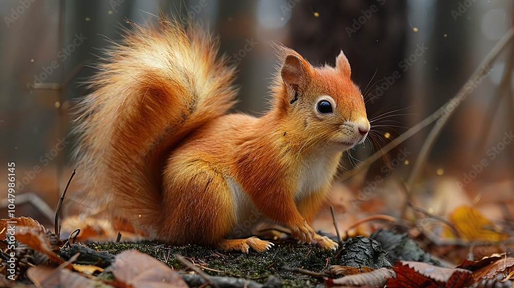 Poster Adorable Red Squirrel in Autumn Forest