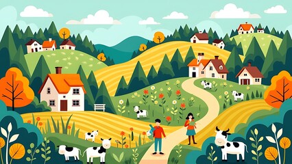 Fototapeta premium Garden, farm, nature and countryside. Illustration of a landscape with houses, trees, agriculture, livestock and grass. Drawing for banner, postcard or background