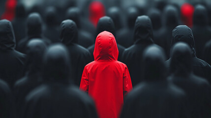 Fototapeta premium Red raincoat among black one, cyber crime, differentiation