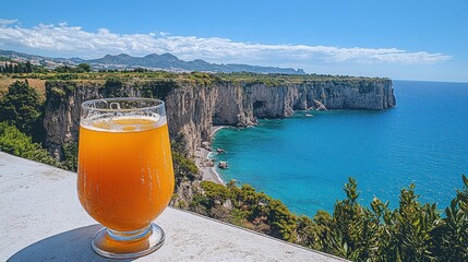 Refreshing orange juice with a breathtaking coastal view of cliffs and turquoise sea under a clear blue sky amidst lush greenery, perfect summer vacation scenery