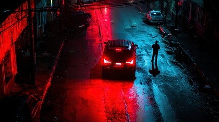 Mysterious Night Scene with Red Lighting and a Lone Figure on an Urban Street