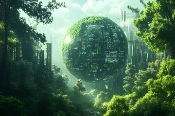 Obraz premium Futuristic Eco Friendly Globe Nestled in Serene Forest Landscape Showcasing Blend of Nature and