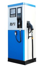 A white and blue gas pump with a black hose and nozzle. The pump has a digital display and buttons.